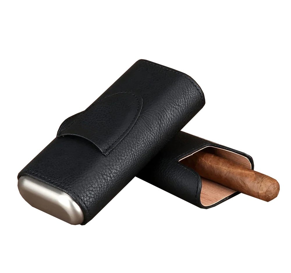 3 Stick Black Leather Cigar Case Cedar Lined With Cutter Holder 1 3 Stick Black Leather Cigar Case Cedar Lined With Cutter Holder