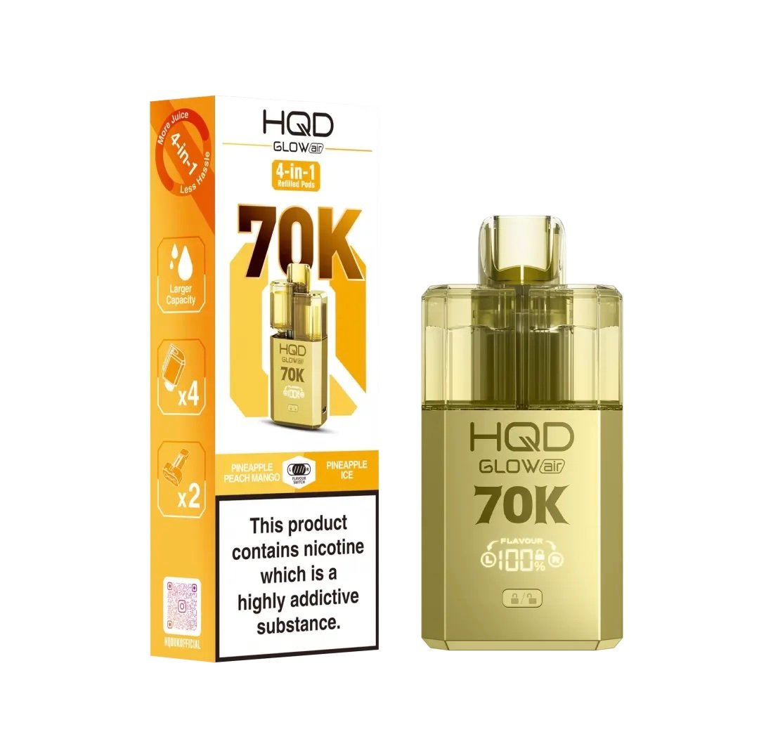 PINEAPPLE PEACH MANGO / PINEAPPLE ICE HQD GLOW AIR 70K PUFFS PREFILLED POD KIT 1 PINEAPPLE PEACH MANGO / PINEAPPLE ICE HQD GLOW AIR 70K PUFFS PREFILLED POD KIT