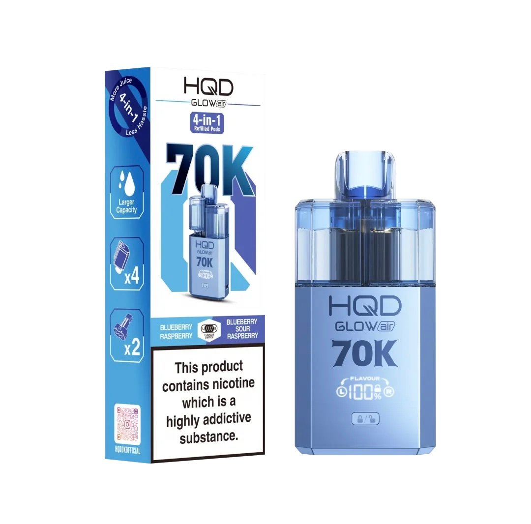 BLUEBERRY RASPBERRY / BLUE SOUR RASPBERRY HQD GLOW AIR 70K PUFFS PREFILLED POD KIT 1 BLUEBERRY RASPBERRY / BLUE SOUR RASPBERRY HQD GLOW AIR 70K PUFFS PREFILLED POD KIT